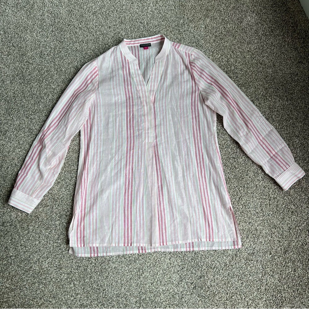 Vince Camuto Pink White Metallic Stripe V Neck Long Sleeve Blouse, Size Small